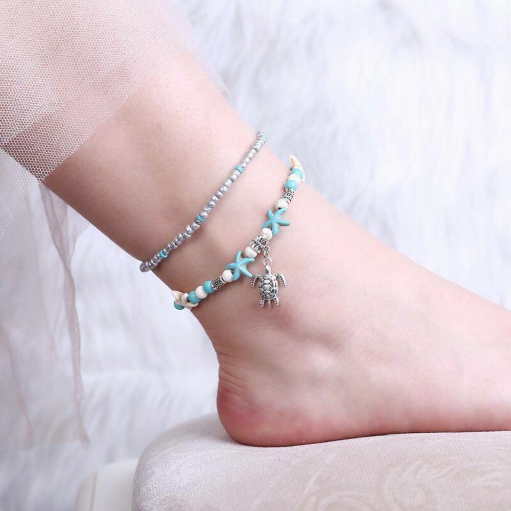 NEW By the Sea Double Ankle Bracelet Starfish Turtle Turquoise Ivory Silver - Picture 4 of 8